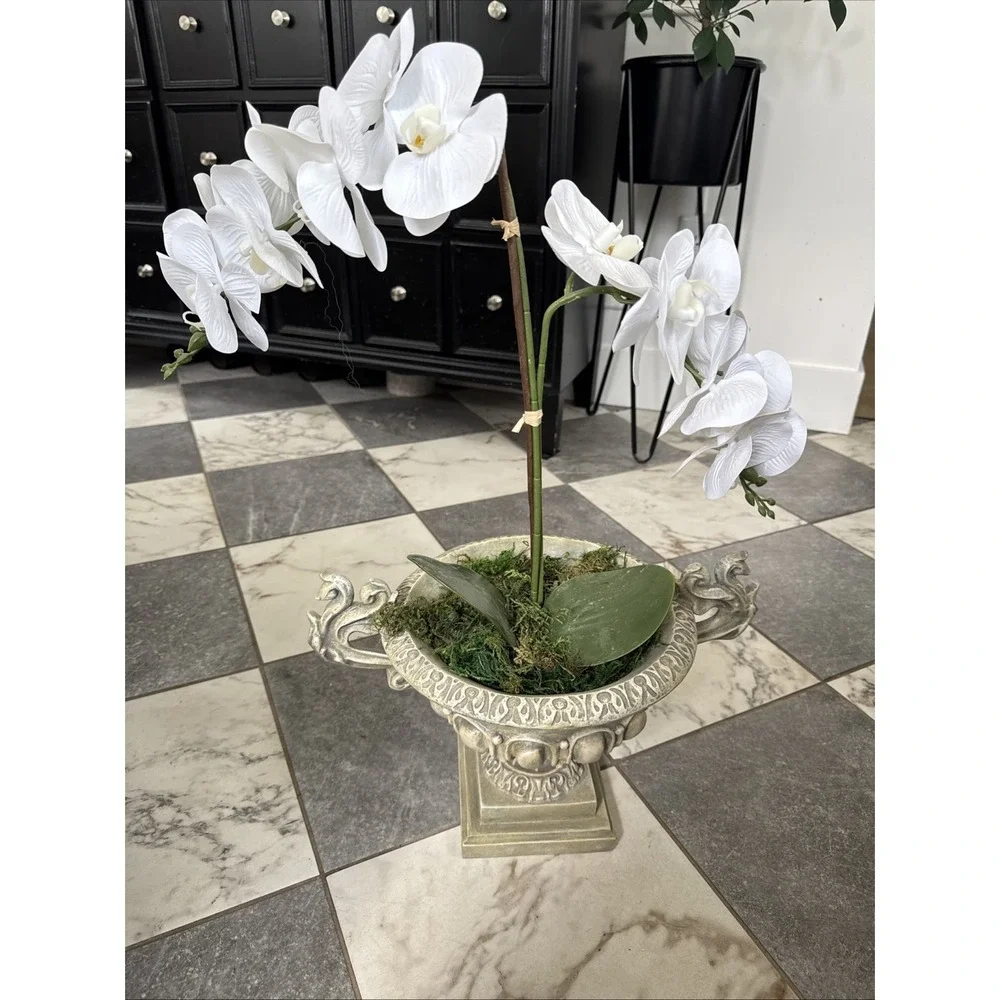 Resin Footed Urn Planter with Faux Orchid Green Mid Century Modern 15x8.75
